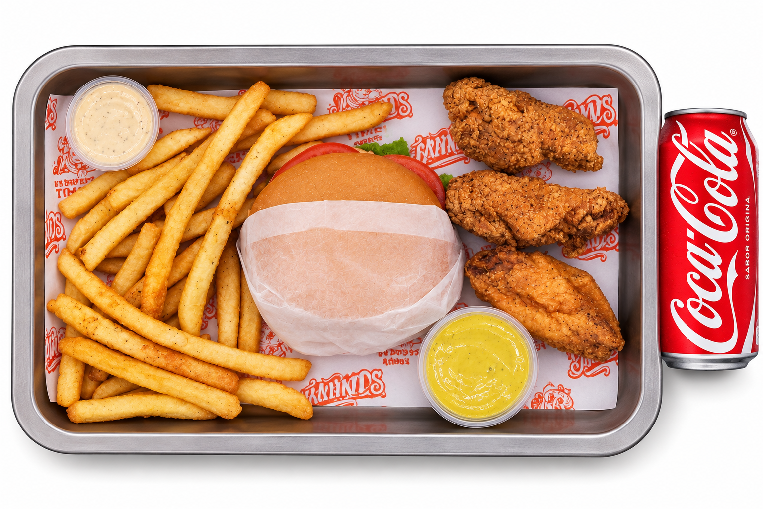 Big Box clásico de 4minds con burger, 3 alitas, papas, soda y salsa