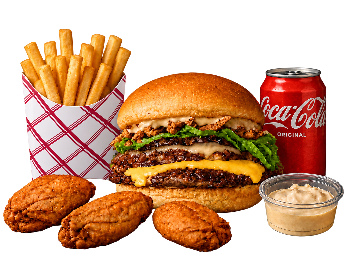 Big Box premium de 4minds con burger, tres alitas, acompañamiento, soda y salsa