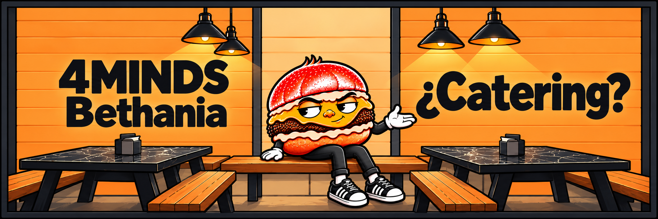 4Minds · Bethania. Un personaje burger sentado en el restaurante presenta: ¿Catering?