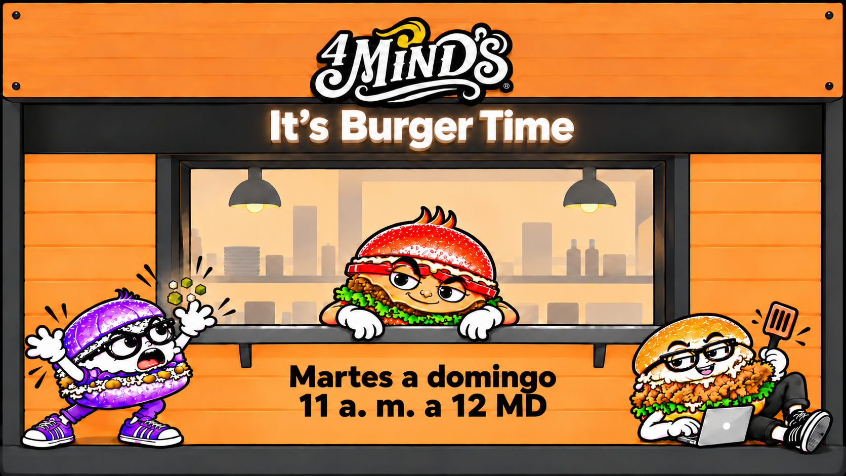 4minds: los tres personajes en la barra del restaurante. It’s Burger Time. Martes a domingo, 11 a. m. a 12 MD.
